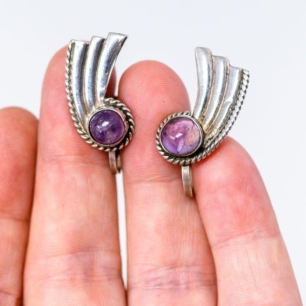 Vintage Mexico Silver Amethyst Screw-Back Earrings estate